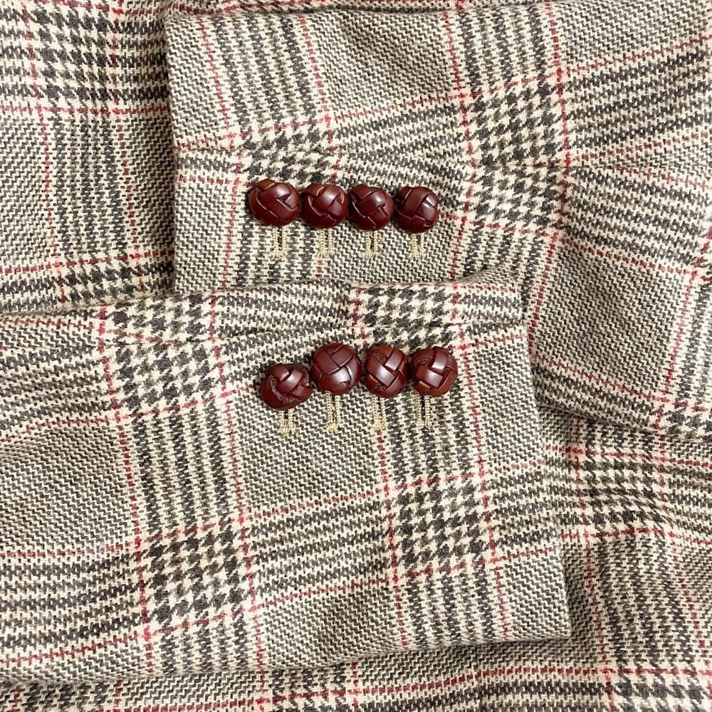 Lands End Glen Plaid Single Button Blazer Tan & Brown Leather Buttons Size 16 - Picture 6 of 15